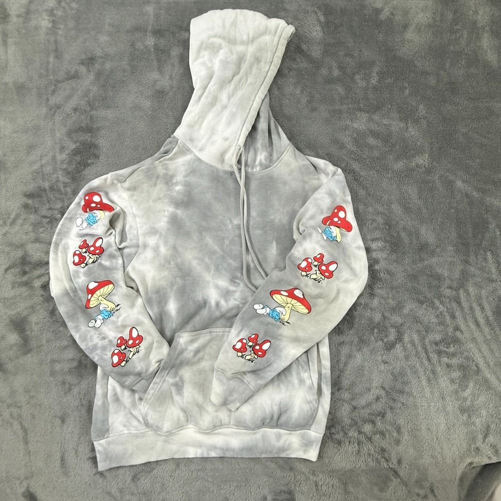 The Smurfs Pullover Hoodie Sleepy Smurf Mushroom Small Gray/White Tye Dye